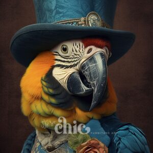 A vibrant parrot, mainly decked out in yellow and blue feathers, elegantly wears a chic Victorian blue outfit complete with a top hat. This fashionable attire features intricate details and a rose adorning the bird's chest. The backdrop is a subdued brown, highlighting the parrot's striking colors. Get this remarkable scene on our "It’s So Chic Furniture Art" decoupage paper, available in A1, A2, or A3 sizes under the African Tribal Decoupage collection!