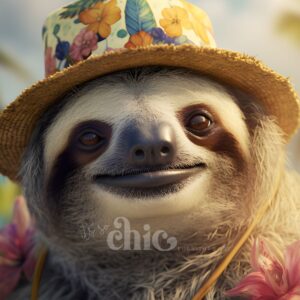 A sloth adorned with a flower-patterned hat and a straw hat featuring a floral accessory around its neck smiles serenely with closed eyes. The background is softly blurred, showcasing a blue sky and lush greenery. The words "Just Chlo Furniture" are subtly inscribed across the sloth's chest on the Decoupage Paper | Craft Paper | Sunny Sloth | A1/A2/A3 from It’s So Chic Furniture Art.