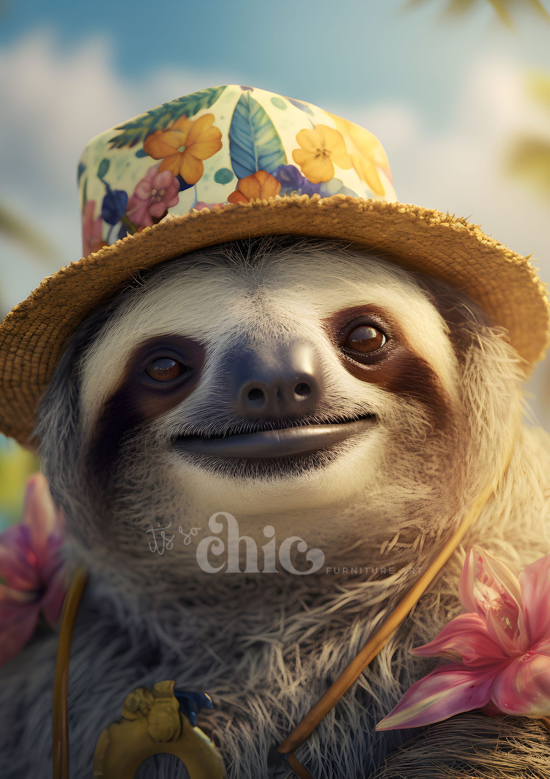 A sloth adorned with a flower-patterned hat and a straw hat featuring a floral accessory around its neck smiles serenely with closed eyes. The background is softly blurred, showcasing a blue sky and lush greenery. The words "Just Chlo Furniture" are subtly inscribed across the sloth's chest on the Decoupage Paper | Craft Paper | Sunny Sloth | A1/A2/A3 from It’s So Chic Furniture Art.