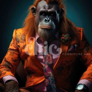 A chimpanzee dressed in a vibrant orange suit adorned with floral patterns sits against a dark background, exuding confidence and style with a multicolored tie and wristwatch. Text on the image reads "It’s So Chic Furniture Art." This decoupage paper is perfect for your crafting needs, available in A1 or A3 sizes.