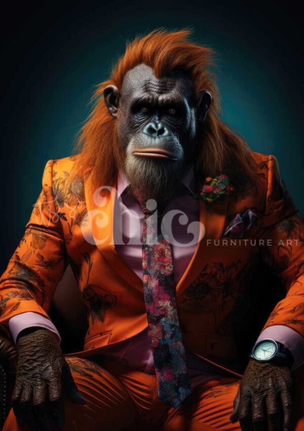 A chimpanzee dressed in a vibrant orange suit adorned with floral patterns sits against a dark background, exuding confidence and style with a multicolored tie and wristwatch. Text on the image reads "It’s So Chic Furniture Art." This decoupage paper is perfect for your crafting needs, available in A1 or A3 sizes.