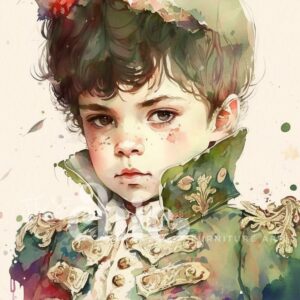 A decoupage paper illustration titled "Little Prince," featuring a young child with curly hair and freckles, wearing an exquisite vintage military-style jacket adorned with intricate gold details. The background is decorated with splashes of various colors, adding an artistic touch. Available in sizes A1, A2, and A3 from It’s So Chic Furniture Art.