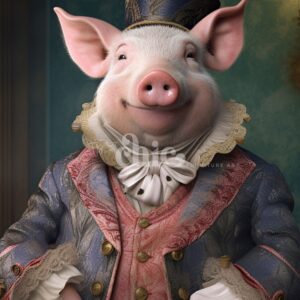 A smiling, anthropomorphic pig stands upright, adorned in elaborately detailed 18th-century-style clothing with a pink waistcoat, blue and gold brocade coat, and a matching feathered hat. The softly lit background showcases a textured blue-green hue. This charming design graces the "Decoupage Paper | Craft Paper | Steampunk Cocker | A1/A3" from It’s So Chic Furniture Art.