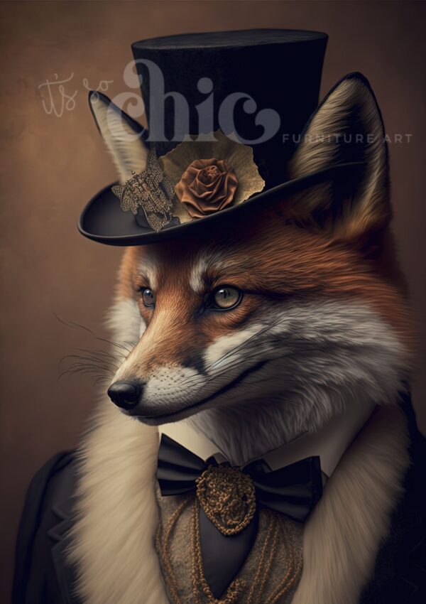 A sophisticated fox dressed in Victorian-era clothing adorns this craft paper. The fox wears a black top hat embellished with a rose and lace, a black suit complemented by a white fur collar, a bow tie, and an ornate gold brooch. Set against a muted brown background, the vintage charm is perfect for your creative projects with our Decoupage Paper | Craft Paper | Spotty Dog | A1/A2/A3 from It’s So Chic Furniture Art collection.