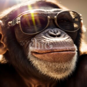 A close-up of a chimpanzee sporting reflective sunglasses and a faint smile, captured in the sunlight that accentuates the glasses, giving off a playful and cool vibe—just like the chic appeal of Mr Sunshine Decoupage Paper from It’s So Chic Furniture Art.