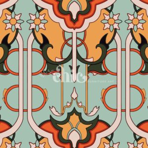 An ornate, colorful Art Nouveau pattern with symmetrical floral and geometric designs. The pattern features a combination of teal, orange, green, and cream tones, with stylized flowers and interwoven shapes. The word "Chic" is overlaid in the center.