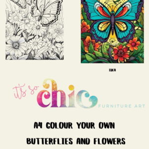 An image showcasing two designs of craft paper for coloring. The left design features outlines of butterflies and flowers, while the right design displays a fully colored butterfly with a floral background. The text below reads: "Decoupage Paper | Craft Paper | Colour Your Own Butterflies and Flowers | A4 Mulberry | It’s So Chic Furniture Art.