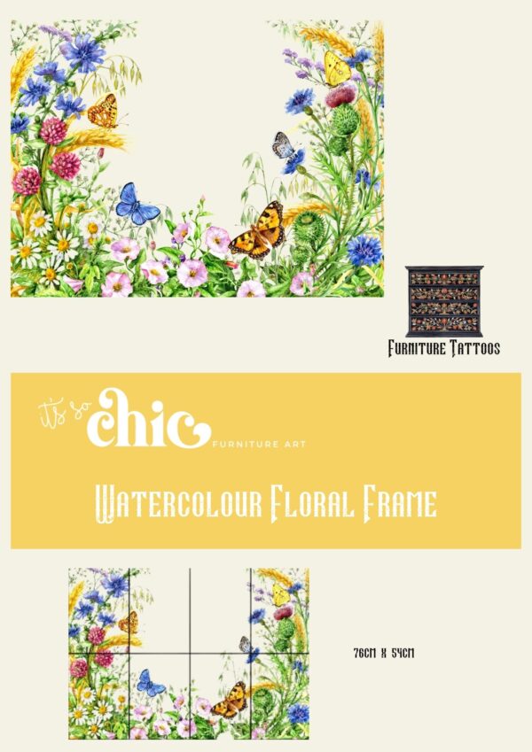 An illustration of a watercolor floral frame with butterflies and various flowers measures 78cm x 54cm. The text "Furniture Tattoos | Transfers | Colourful Butterflies" is displayed on the right, featuring the brand "It's So Chic Furniture Art" prominently.