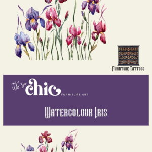 The design showcases vibrant watercolor butterflies set against a cream background. The phrase "It's So Chic Furniture Art" is highlighted on a purple banner, with "Colorful Butterflies" written below it. A small chest design labeled "Furniture Tattoos" is featured. Dimensions: 50cm W x 42cm H.