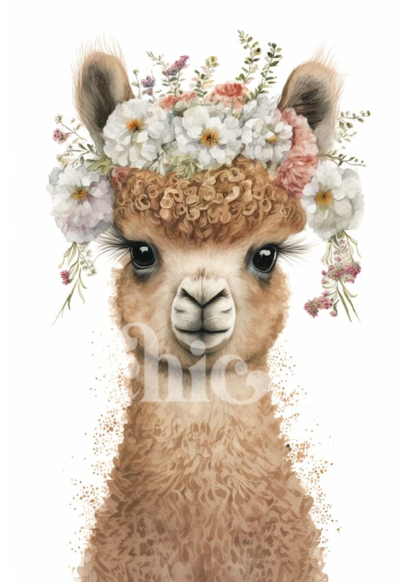 A detailed illustration of a llama with a floral crown is featured on this Decoupage Paper from It’s So Chic Furniture Art. The crown consists of various flowers, predominantly white and pink, adorned with green foliage. The llama, with its soft, curly brown coat and large, expressive eyes that convey a gentle, serene expression, makes this craft paper perfect for adding an artistic touch to your projects. Available in A1/A2/A3 sizes.