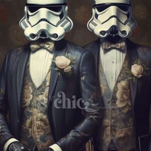 Two individuals dressed in ornate, vintage-style suits with floral patterns and bow ties, wearing Stormtrooper helmets. Both have boutonnieres on their lapels against a dark, floral-themed background created using Decoupage Paper from the "It’s So Chic Furniture Art" collection by Spotty Dog. The word "Chic" is faintly visible near the bottom center.