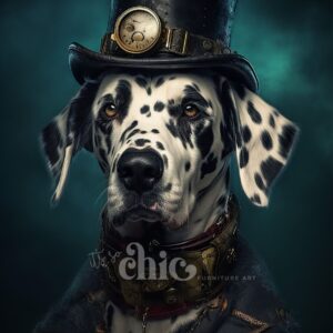 A majestic Cocker Spaniel adorned in steampunk fashion, featuring a top hat complete with a clock and leather straps, and a Victorian-style coat adorned with brass accents. The background showcases a smoky teal-colored gradient enhancing the dramatic effect. The watermark reads "It’s So Chic Furniture Art.