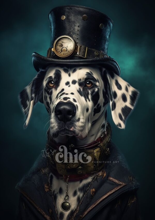 A majestic Cocker Spaniel adorned in steampunk fashion, featuring a top hat complete with a clock and leather straps, and a Victorian-style coat adorned with brass accents. The background showcases a smoky teal-colored gradient enhancing the dramatic effect. The watermark reads "It’s So Chic Furniture Art.