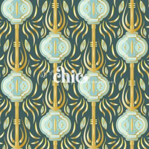 The Decoupage Paper from It’s So Chic Furniture Art showcases an intricate pattern of abstract, symmetrical floral designs in shades of yellow, light blue, and green, with wavy, leaf-like elements interwoven among them, all set against a dark green background.