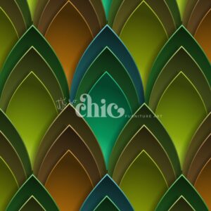 A vibrant and geometric pattern of overlapping leaf shapes in shades of green, brown, and blue is beautifully showcased on the African Tribal Decoupage Paper. The stylish words "It’s So Chic Furniture Art" are written in a sleek white font across the center. The design features a dimensional effect with shadows that highlight the layered appearance.