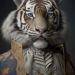 A digitally created portrait of a regal, anthropomorphic tiger dressed in an 18th-century European aristocratic outfit, featuring a richly decorated brocade coat, embroidered waistcoat, and an ornate cravat. The tiger gazes directly with piercing blue eyes — Decoupage Paper | Craft Paper | Steampunk Cocker | A1/A3 | It’s So Chic Furniture Art.