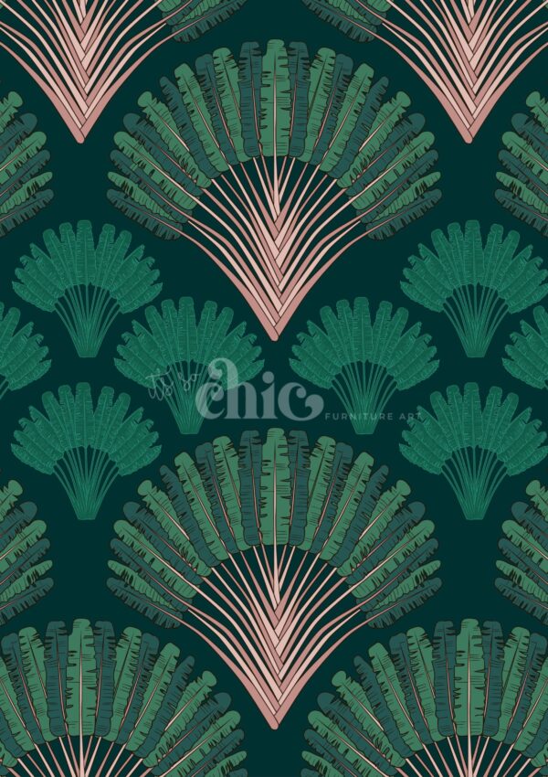 A repeating pattern showing fan-shaped designs with green and pink leaf-like elements on a dark green background. The word "chic" and "furnware art" appears subtly in the center. The pattern resembles a stylish, modern art deco theme.