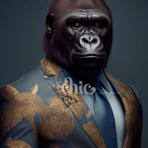 A realistic image of a gorilla, named Mr. G Handsome, is depicted wearing a stylish blue suit with intricate golden floral embroidery and a matching blue tie. The dark and plain background emphasizes the sharply dressed gorilla, creating an eye-catching design on the decoupage paper from the "It’s So Chic Furniture Art" collection available in A1, A2, and A3 sizes.