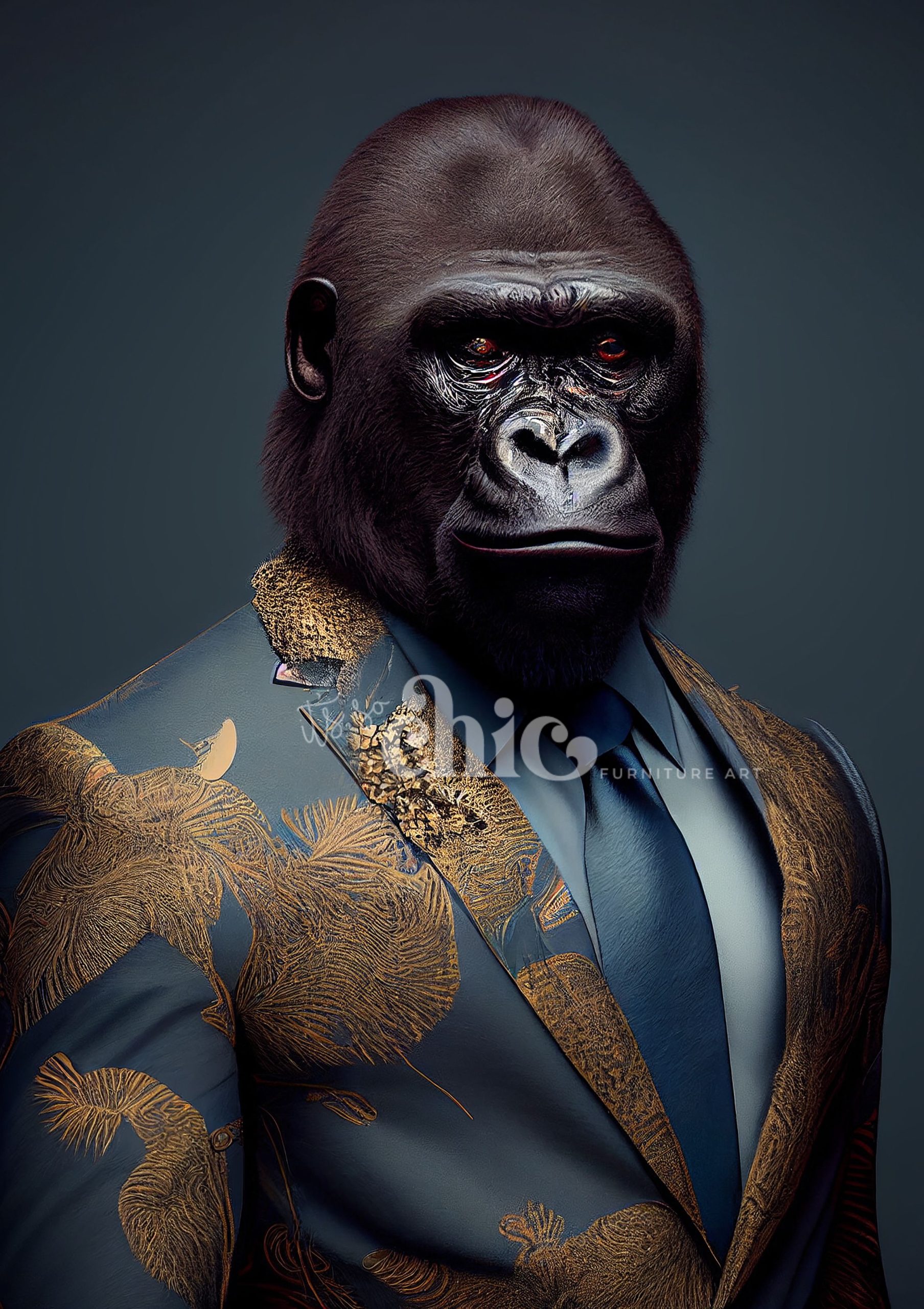 A realistic image of a gorilla, named Mr. G Handsome, is depicted wearing a stylish blue suit with intricate golden floral embroidery and a matching blue tie. The dark and plain background emphasizes the sharply dressed gorilla, creating an eye-catching design on the decoupage paper from the "It’s So Chic Furniture Art" collection available in A1, A2, and A3 sizes.