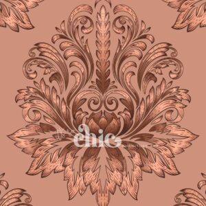 An ornate, symmetrical floral pattern in shades of brown on a salmon pink background. The design features large, intricate leaves and scrolls, creating an elegant and classic look. The word "Chic" is integrated into the design in white cursive lettering.