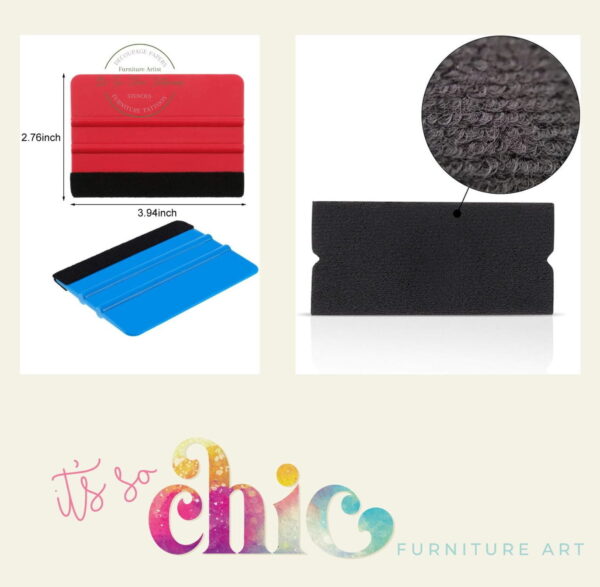 Two red and blue felt-edged squeegees, each measuring 3.94 inches by 2.76 inches, are displayed on the left. A close-up of the blue squeegee's textured edge is highlighted on the right. At the bottom, colorful text reads "it's so chic FURNITURE ART.