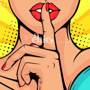 The "Shhh Pop Art" decoupage paper – perfect for craft projects and furniture art – showcases a vibrant pop art style illustration of a woman with bright red lips and nails holding her index finger to her lips in a shushing gesture. The background is an eye-catching yellow adorned with black polka dots. Available in sizes A1, A2, and A3 from It’s So Chic Furniture Art.