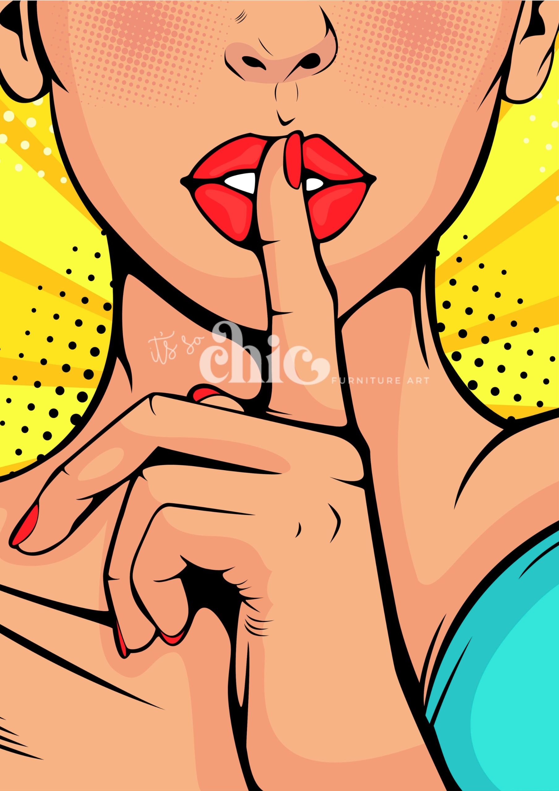 The "Shhh Pop Art" decoupage paper – perfect for craft projects and furniture art – showcases a vibrant pop art style illustration of a woman with bright red lips and nails holding her index finger to her lips in a shushing gesture. The background is an eye-catching yellow adorned with black polka dots. Available in sizes A1, A2, and A3 from It’s So Chic Furniture Art.