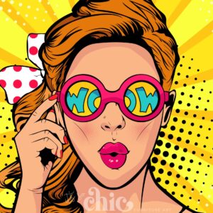 A comic-style illustration from the Decoupage Paper | Craft Paper | Shhh Pop Art collection, featuring a woman with red hair in a polka-dotted bow. She wears large, round sunglasses with the word "WOW" reflected in the lenses and has pink lips. Holding her sunglasses with one hand, she looks surprised against a yellow dotted background, embodying the chic style of It’s So Chic Furniture Art. Available in sizes A1, A2, and A3.