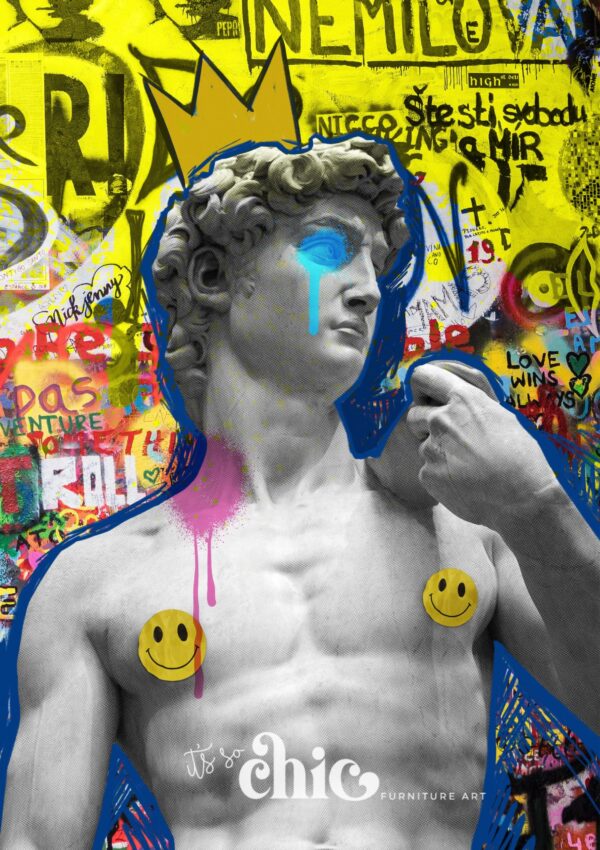 A graffiti-adorned background featuring various colorful tags and phrases surrounds a statue of David, marked with a yellow crown, blue tear, and smiley face stickers on its chest. At the bottom, the text "It’s So Chic Furniture Art" is prominently displayed. The design is available in Decoupage Paper | Craft Paper | Kiss Kiss in sizes A1, A2, and A3.