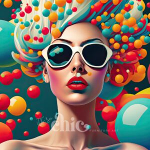 A stylized illustration of a woman donned in white sunglasses, with voluminous hair crafted from colorful, floating spheres, graces this piece. The vibrant background is adorned with an arrangement of large and small spheres in shades of blue, orange, and red, creating a lively and dynamic atmosphere. This artwork is featured on the "Shhh Pop Art" Decoupage Paper by It’s So Chic Furniture Art, available in sizes A1/A2/A3 for your craft projects.