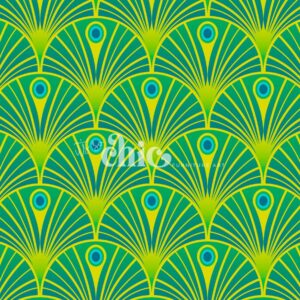 An abstract pattern featuring a repeating fan-like design in green and yellow, resembling peacock feathers. Each fan has a blue eye at the center, arranged symmetrically across the image. The vibrant colors create a visually striking and ornate effect.