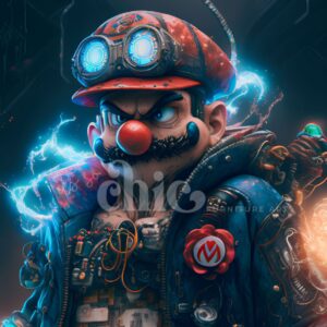 Introducing our Decoupage Paper - Craft Paper titled Electric Mario! This digital illustration captures a character resembling Mario from video games, masterfully depicted in a cyberpunk style. The character features a high-tech helmet with glowing blue goggles, a signature red cap, and a rugged outfit equipped with wires and gadgets. Set against a dark background with neon accents, this chic piece of furniture art is available in sizes A1, A2, and A3 from It’s So Chic.