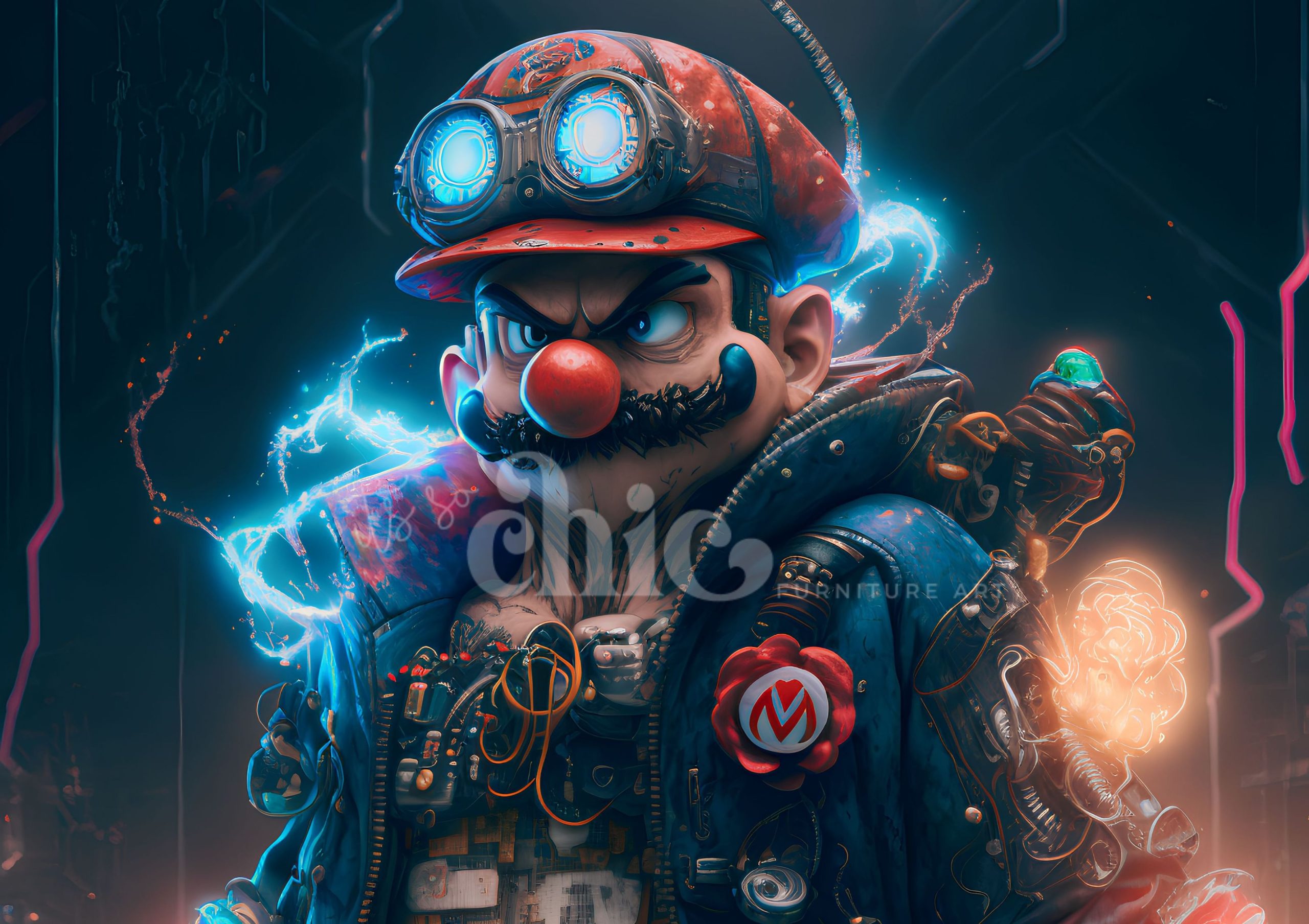 Introducing our Decoupage Paper - Craft Paper titled Electric Mario! This digital illustration captures a character resembling Mario from video games, masterfully depicted in a cyberpunk style. The character features a high-tech helmet with glowing blue goggles, a signature red cap, and a rugged outfit equipped with wires and gadgets. Set against a dark background with neon accents, this chic piece of furniture art is available in sizes A1, A2, and A3 from It’s So Chic.