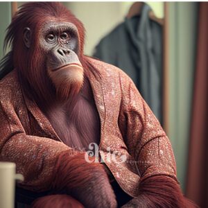 An orangutan sits with a contemplative expression, dressed in a sparkling, copper-toned robe. The background is softly blurred, featuring hints of hanging clothes and a draped curtain. A partially visible white mug graces the foreground. This artistic scene is beautifully encapsulated in the "Decoupage Paper | Craft Paper | Clyde | A1/A2/A3" from It’s So Chic Furniture Art.