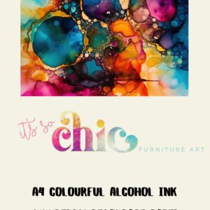 A vibrant abstract artwork created with colorful alcohol inks, featuring a mix of swirling blue, pink, orange, and yellow hues. Below the artwork, text reads "It's So Chic" and "A4 Mulberry Decoupage Paper | Craft Paper | Jaguar | It’s So Chic Furniture Art" in black and multicolor.