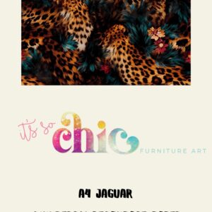 An image of the A4 size Decoupage Paper | Craft Paper | Jaguar | A4 Mulberry. The design showcases detailed illustrations of jaguars with vibrant floral accents on a black background. Below, colorful, artistic text reads "it’s so chic," and light blue text reads "Furniture Art.