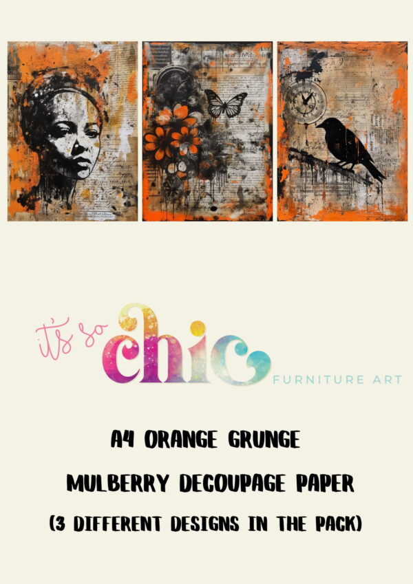 Three art prints with an orange grunge theme feature a portrait, a butterfly with flowers, and a bird on a branch. Text below reads "A4 Mulberry Decoupage Paper | Craft Paper | Jaguar (3 different designs in the pack)" above "It’s So Chic Furniture Art" in colorful letters.