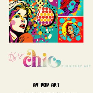 A vibrant poster showcasing pop art illustrations of a woman's face in various bold, colorful styles. Below the artwork, it features the text "It’s So Chic Furniture Art" in a decorative font. Further down, the information "Decoupage Paper | Craft Paper | Jaguar | A4 Mulberry" is displayed.