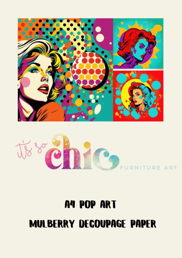 A vibrant poster showcasing pop art illustrations of a woman's face in various bold, colorful styles. Below the artwork, it features the text "It’s So Chic Furniture Art" in a decorative font. Further down, the information "Decoupage Paper | Craft Paper | Jaguar | A4 Mulberry" is displayed.