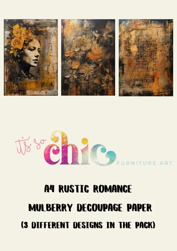 Image displaying three A4-sized jaguar-themed decoupage paper designs. The left design features a woman's face with flowers, the middle design showcases intricate floral patterns, and the right design displays abstract flowers. Text below reads "A4 Jaguar Mulberry Decoupage Paper (3 different designs in the pack)." Above, colorful text reads "It's So Chic Furniture Art.