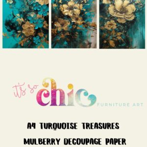 A set of A4 mulberry decoupage papers called "Jaguar" by "It's So Chic Furniture Art," featuring three distinct designs with vibrant turquoise backgrounds and gold floral patterns, with text in a mix of handwritten and block fonts.