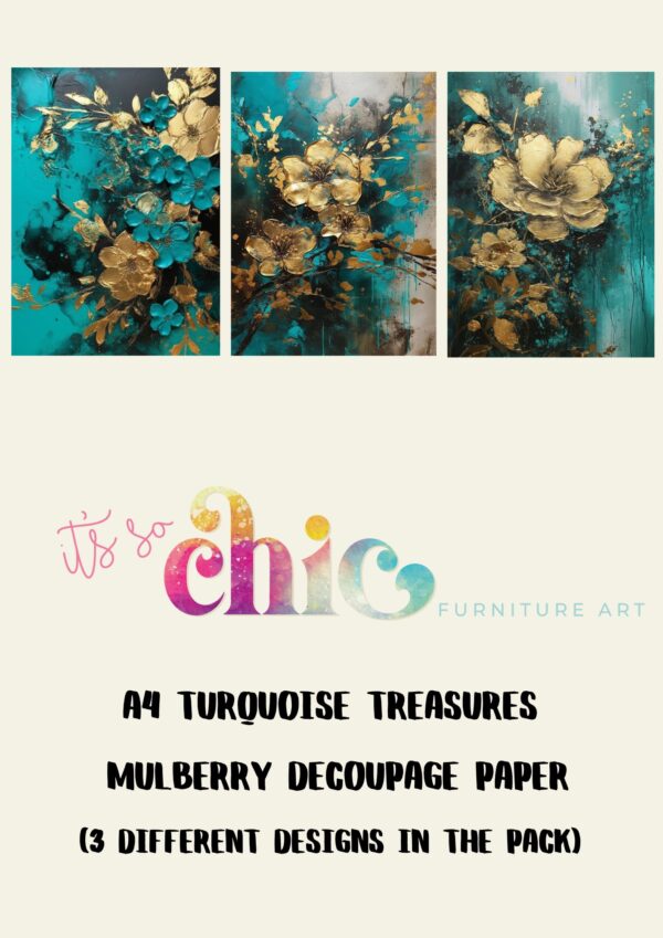 A set of A4 mulberry decoupage papers called "Jaguar" by "It's So Chic Furniture Art," featuring three distinct designs with vibrant turquoise backgrounds and gold floral patterns, with text in a mix of handwritten and block fonts.