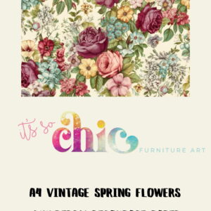 A decorative paper with a vibrant vintage spring flowers pattern showcasing roses and various blooms. Below the design, text reads "It's So Chic Furniture Art" in colorful letters, followed by "A4 Mulberry Decoupage Paper - Jaguar" in black.