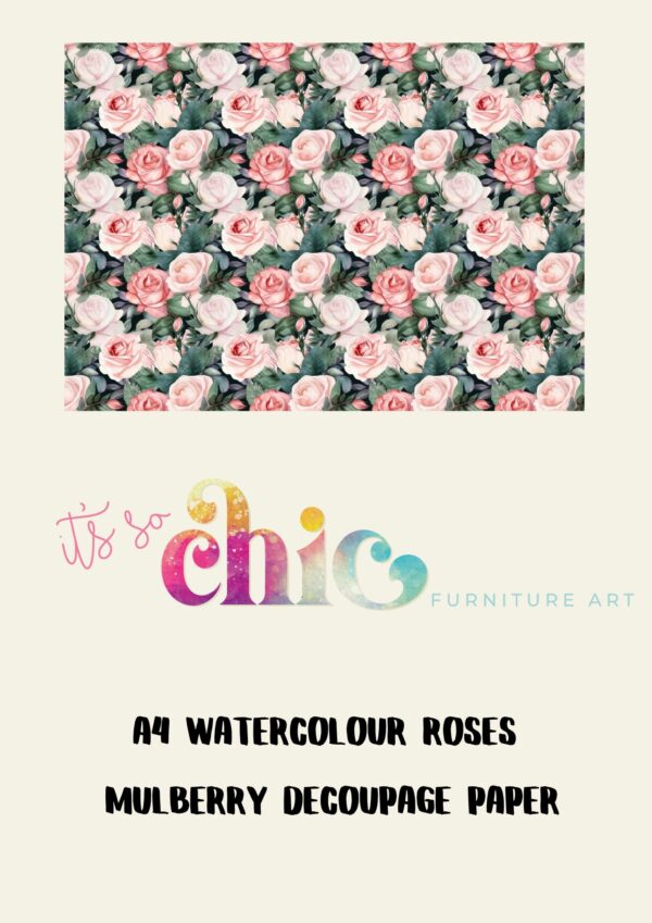 An advertisement showcasing a pattern of pink and white watercolor roses with green leaves. Beneath the design, colorful letters spell out "It's So Chic Furniture Art," followed by the black text, "A4 Mulberry Decoupage Paper | Craft Paper | Jaguar.