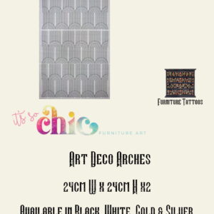 A graphic displays "Damask Set" patterns for furniture decoration, with each vinyl decal measuring 30cm by 24cm and some smaller ones measuring 10cm by 8cm. Colors available include black, white, gold, and silver. The "It's So Chic Furniture Art" logo and "Furniture Tattoos" text are also included.