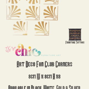 An advertisement for "Furniture Tattoos | Vinyl Decals | Damask Set" featuring four damask designs. Text includes dimensions (30cm x 24 cm & 10cm x 8cm x4), color options (black, white, gold, silver), and the phrase "It’s So Chic Furniture Art.