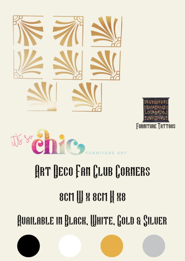 An advertisement for "Furniture Tattoos | Vinyl Decals | Damask Set" featuring four damask designs. Text includes dimensions (30cm x 24 cm & 10cm x 8cm x4), color options (black, white, gold, silver), and the phrase "It’s So Chic Furniture Art.