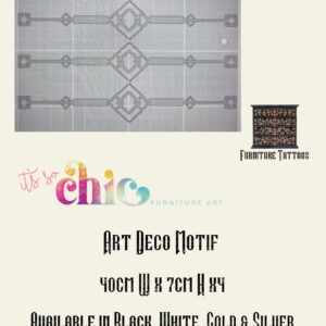 A promotional flyer for "It's So Chic Furniture Art" featuring Furniture Tattoos Vinyl Decals in a Damask Set design. Dimensions: 30cm x 24cm & 10cm x 8cm x4. Available colors: Black, White, Gold, Silver. Includes an illustration of the motif, brand logo, and decorative imagery.