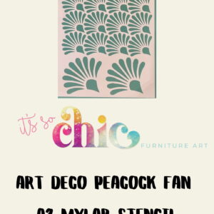 A Mylar stencil featuring a damask duo design is displayed on a beige background. Underneath, text reads "It’s So Chic Furniture Art," followed by "Damask Duo A3 Mylar Stencil" in bold, black lettering.