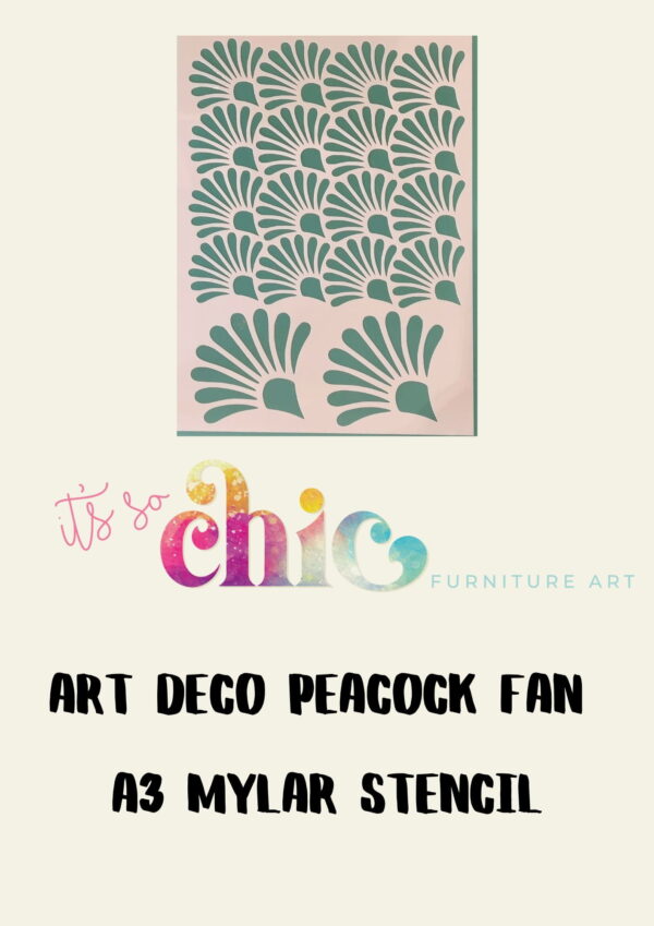 A Mylar stencil featuring a damask duo design is displayed on a beige background. Underneath, text reads "It’s So Chic Furniture Art," followed by "Damask Duo A3 Mylar Stencil" in bold, black lettering.